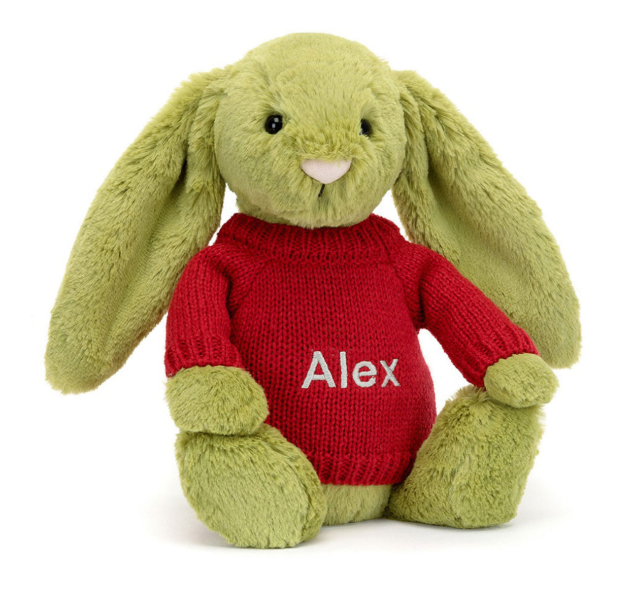 Jellycat Bashful Moss Bunny With Personalised Red Jumper