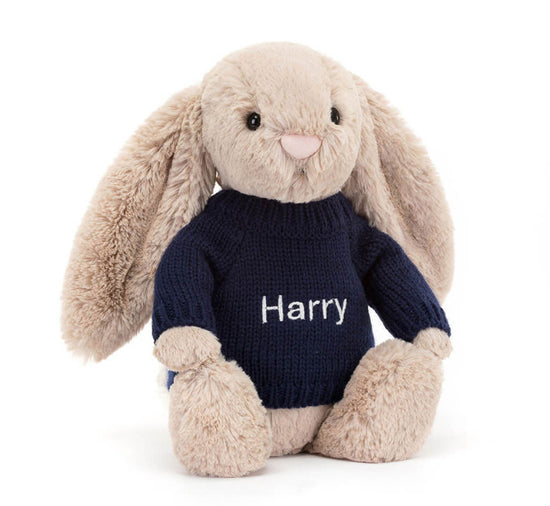 Jellycat Bashful Beige Bunny With Personalised Navy Jumper