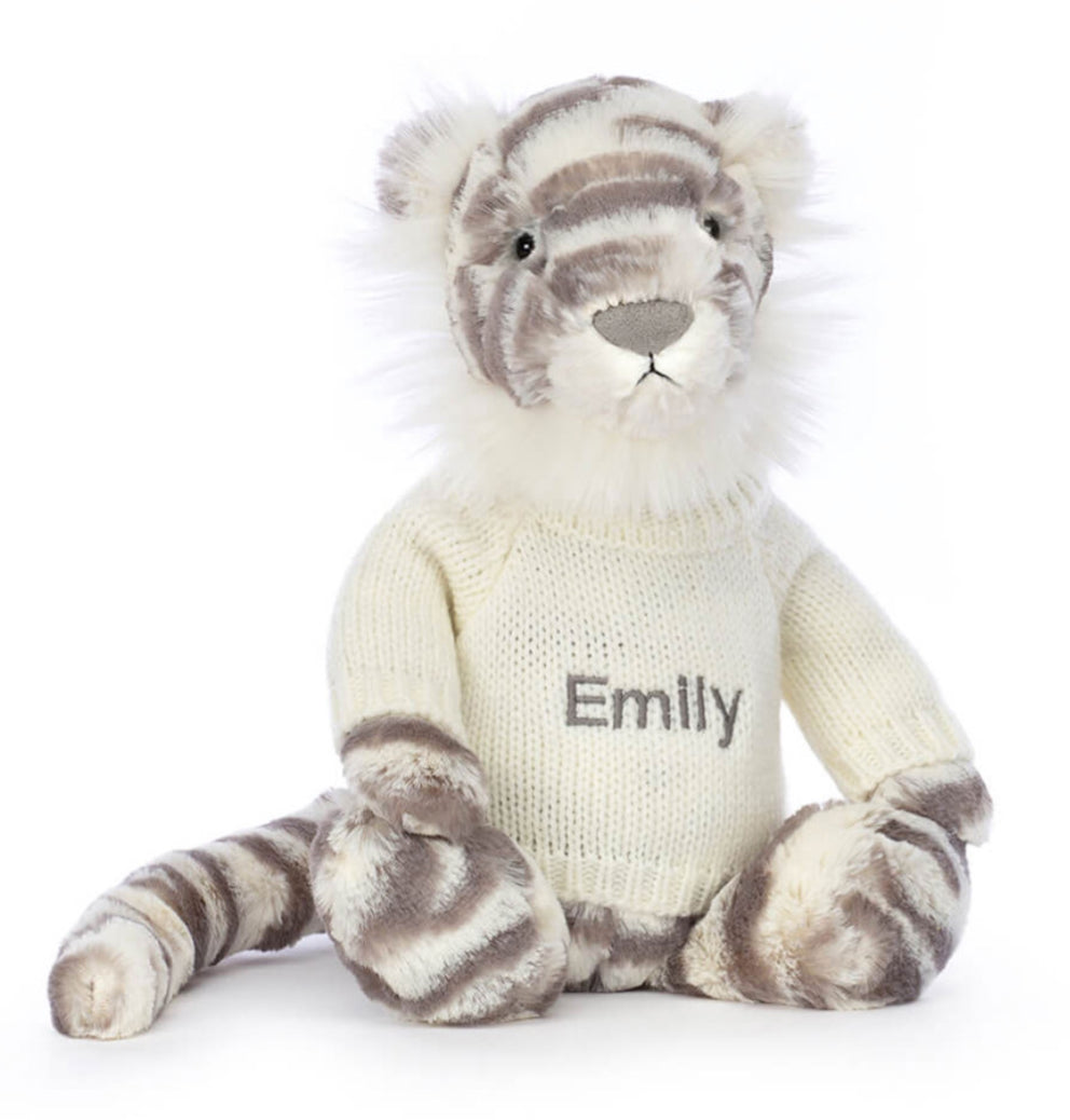 Jellycat Bashful Snow Tiger With Personalised Cream Jumper