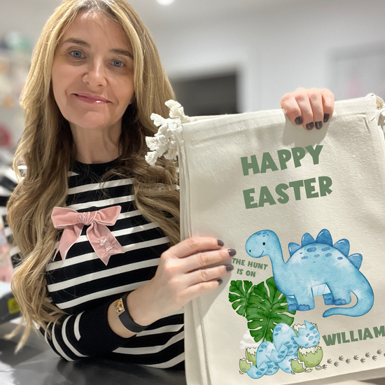 The Hunt Is On Personalised Dinosaur Easter Drawstring Bag