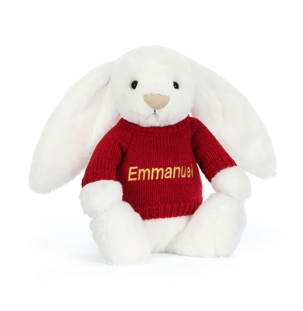 Jellycat Bashful Luxe Bunny Luna With Personalised Red Jumper