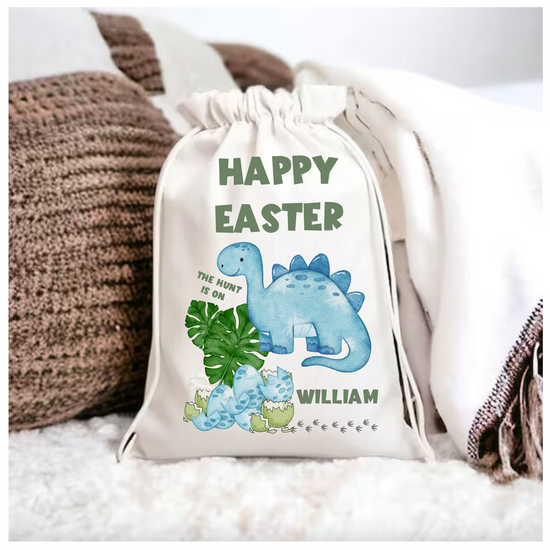 The Hunt Is On Personalised Dinosaur Easter Drawstring Bag