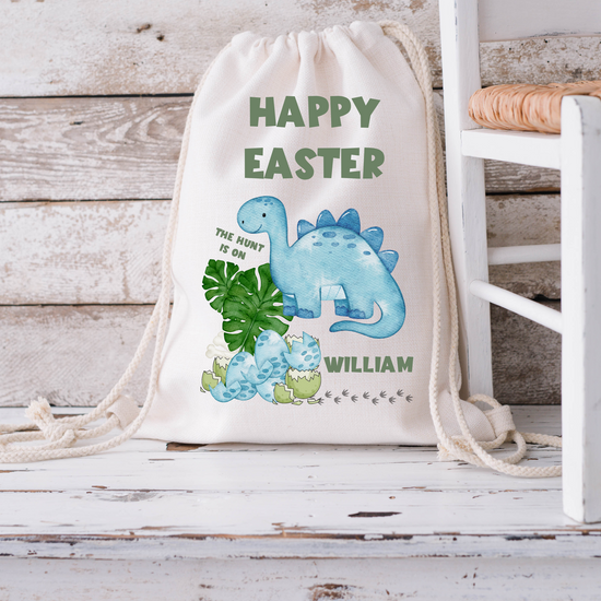 The Hunt Is On Personalised Dinosaur Easter Drawstring Bag