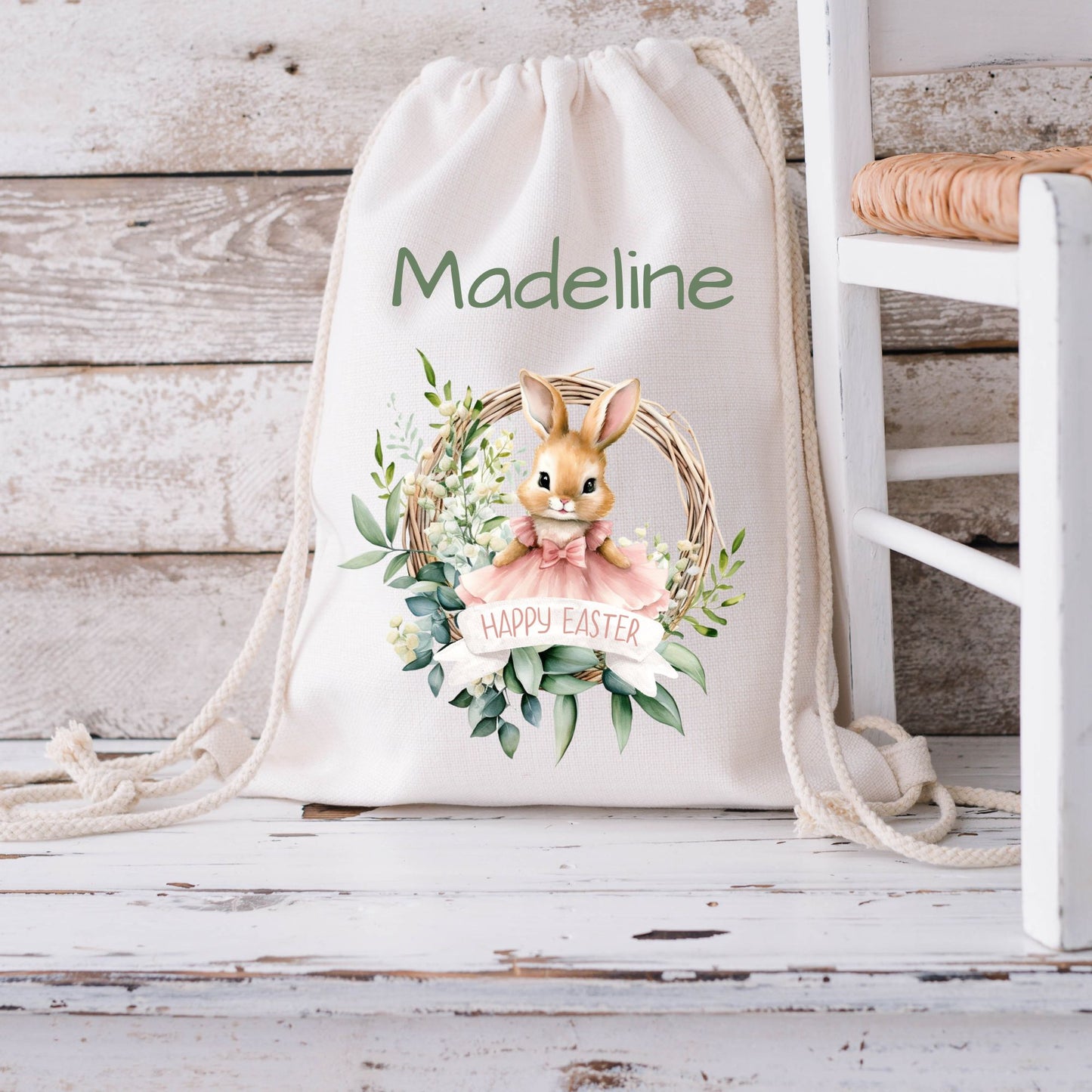 Personalised Happy Easter Floaty Pink Bunny Easter Egg Hunt Gift Bag